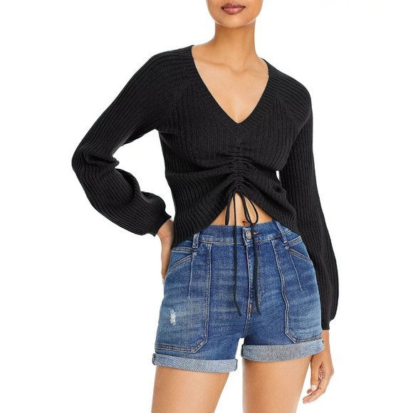 AQUA Cashmere Ribbed Drawstring Cashmere Sweater - BLACK - NWT - Picture 1 of 3